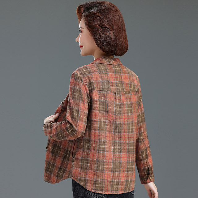 Mom Spring and Autumn Long Sleeve Shirt 2025 New Middle-aged and Elderly Temperament Middle-aged Pure Cotton Plaid Large Size Shirt