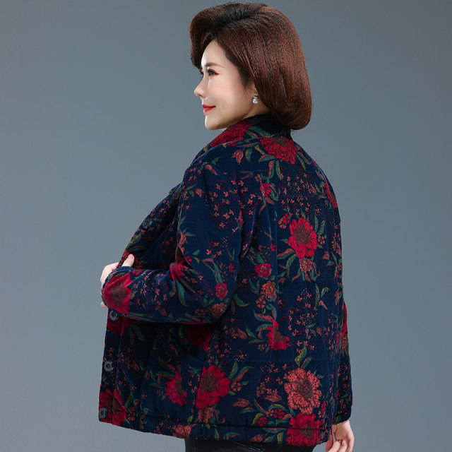 Mother's winter cotton coat, short corduroy cotton jacket for the elderly, women's thickened loose pure cotton grandma outfit, large flower cotton coat