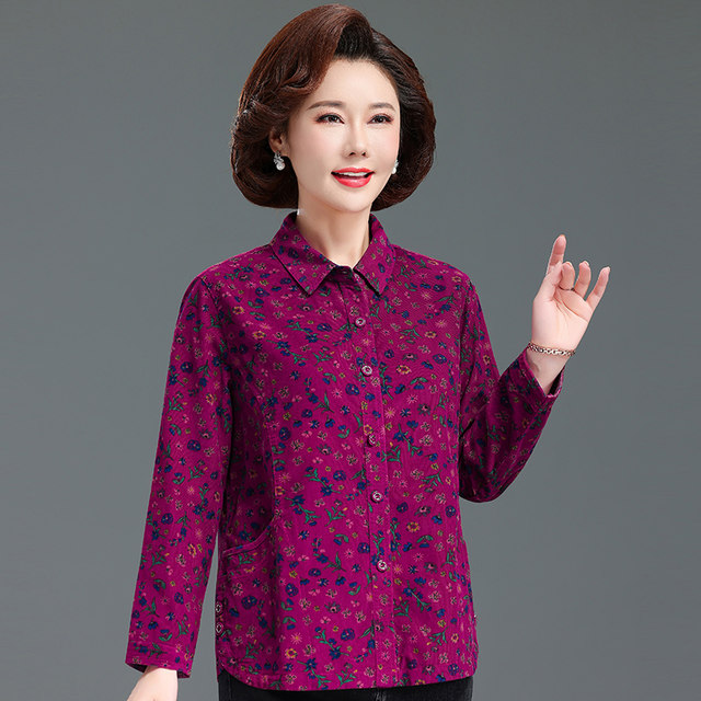 Mother's Spring and Autumn Pure Cotton Shirt Women's Long Sleeve Elderly Corduroy Floral Shirt Old Lady Clothes Grandma Clothes