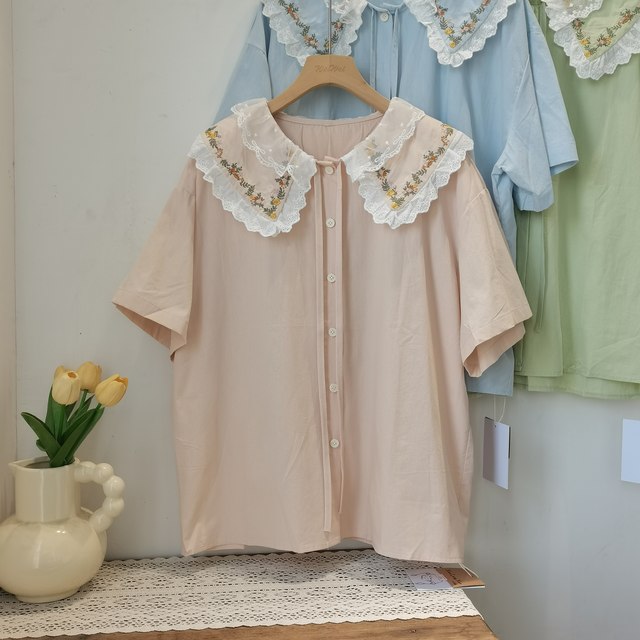 Spring and summer embroidered lace doll collar short-sleeved shirt for women Risen series loose age-reducing slimming college style versatile shirt
