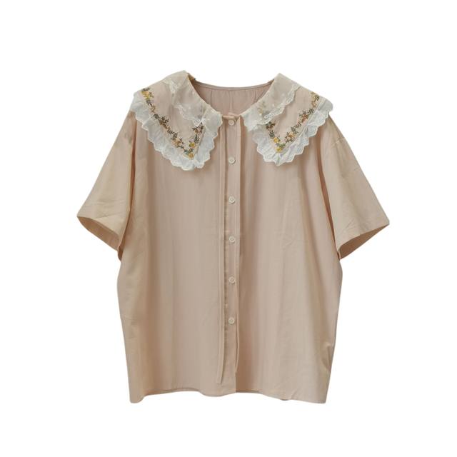 Spring and summer embroidered lace doll collar short-sleeved shirt for women Risen series loose age-reducing slimming college style versatile shirt
