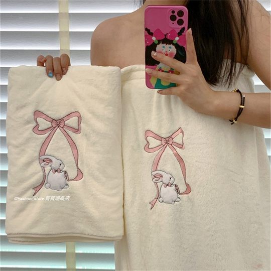 Cute soft bath skirt that can be worn and wrapped in ins cartoon bunny Velcro bath towel dry hair cap two-piece set