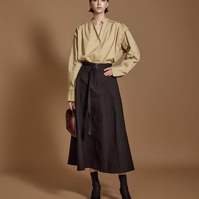 DINT Korean genuine purchasing agent direct mail fashion versatile two-side pocket high waist trumpet belt half-body long skirt SK2812

