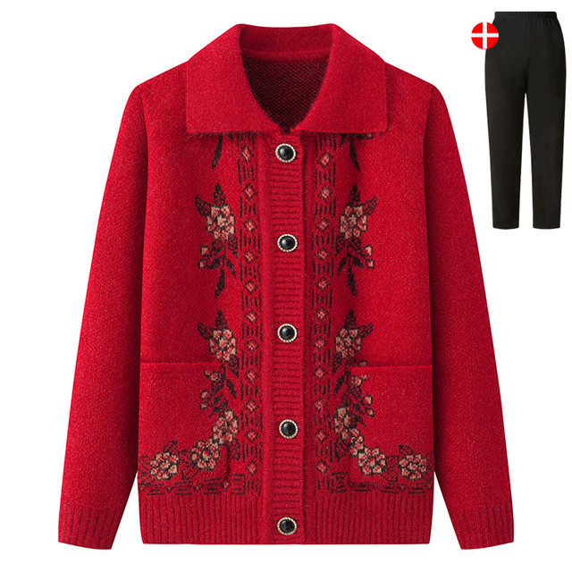 Elderly grandma's sweater, female autumn and winter jacket Mom pretend to add velvet thickened knitted cardigan, warm old lady clothes