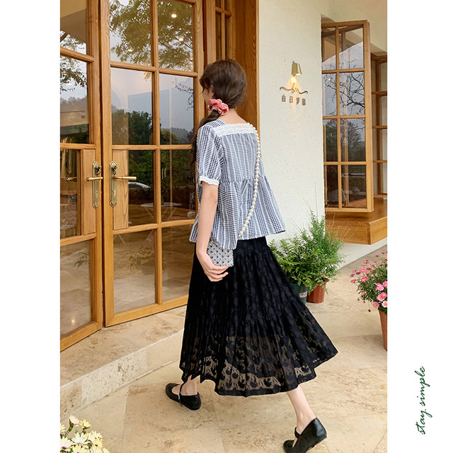 Huaji Q479 black temperament versatile lace skirt 2025 new summer elastic waist cake skirt mid-length
