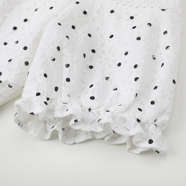 Wide-tied black ears lace polka dot splicing short-sleeved shirt shirt for women 2025 spring and summer new white top