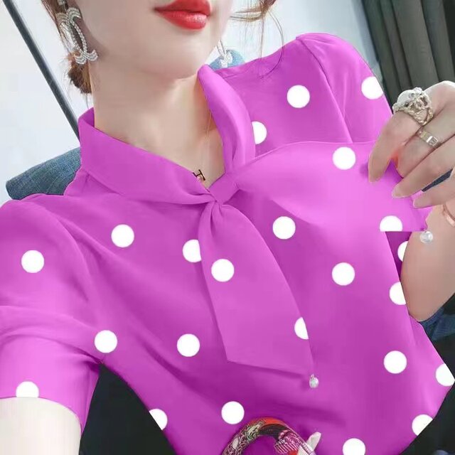 Puff sleeve chiffon shirt for women 2024 summer new loose slim polka dot large size bow short-sleeved top