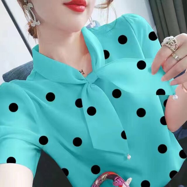 Puff sleeve chiffon shirt for women 2024 summer new loose slim polka dot large size bow short-sleeved top
