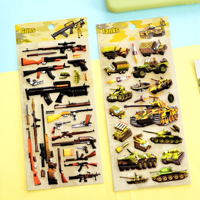 Boys and children's stickers military guns, weapons, aircraft, tanks, three-dimensional bubble stickers, baby puzzle toy paste art