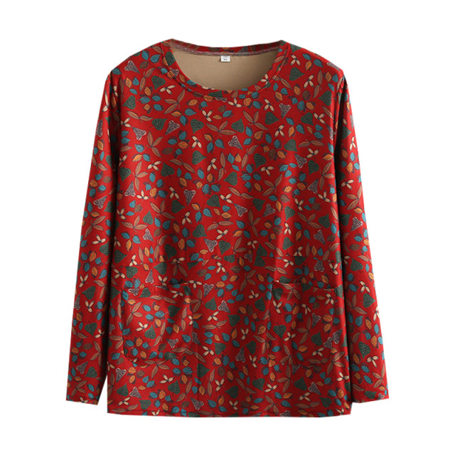 Adding fat and large size printed long-sleeved base shirt spring and autumn clothes new loose meat covering old lady top mother T-shirt