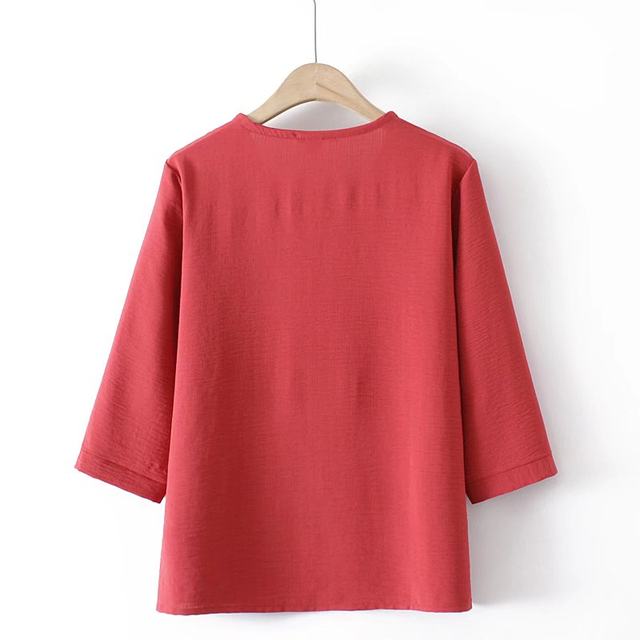 Three-quarter sleeve embroidered small shirt plus size women's clothing for middle-aged and elderly mothers summer clothing ethnic style foreign style mother-in-law cotton and linen T-shirt t