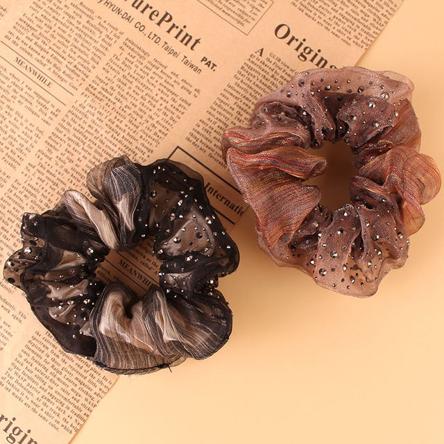 Organza starry large intestine hair ring, elegant and elegant, high-end hair rope, flash drill head rope, coiled hair, ball head flower hair accessory