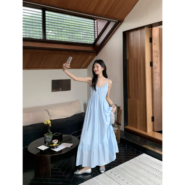 MULVAN white dress women's v-neck suspender skirt high-end loose temperament long skirt vacation style fairy skirt