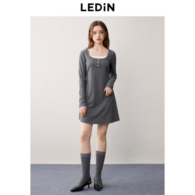 Lecho fake two-piece knitted dress for autumn new Grey series slim waist long-sleeved dress