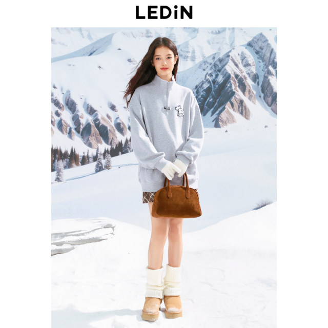 Lechang half -open collar sweater 24 winter new spotted dog gray loose top women's clothing with velvet sweater

