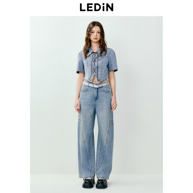Lecho polo necklace short-sleeved denim shirt for women in summer new irregular design chic top