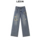 Lecho summer new star patch ripped denim wide-leg pants C2HAE2335