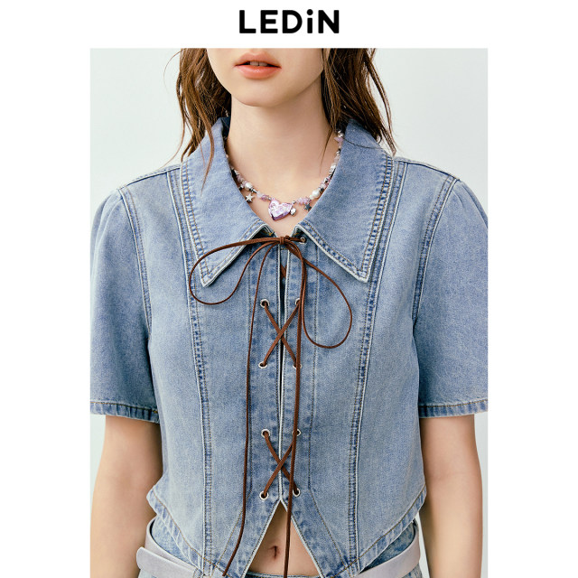 Lecho polo necklace short-sleeved denim shirt for women in summer new irregular design chic top