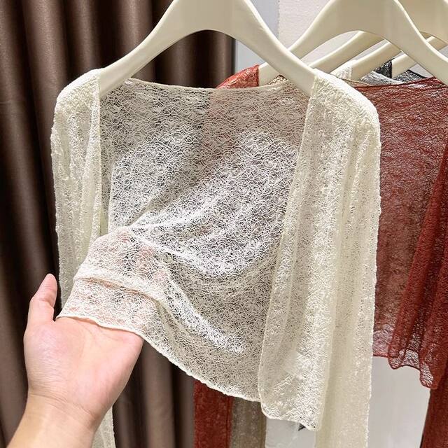 Lace high-end sun protection lace cardigan small jacket thin summer suspender skirt with mesh vest top for women
