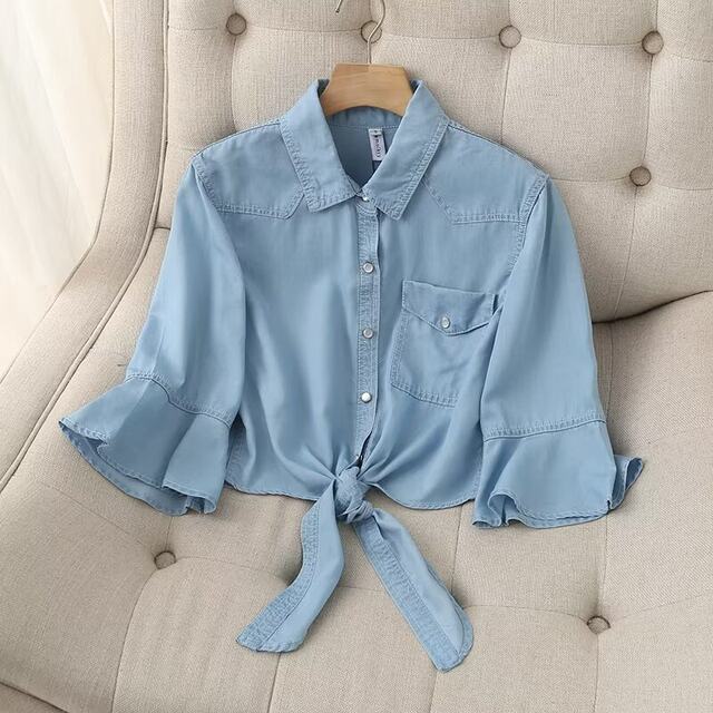 Large size ~ 2024 summer new style thin hem knotted denim shirt women's mid-sleeved shawl jacket for women

