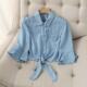 Large size ~ 2024 summer new style thin hem knotted denim shirt women's mid-sleeved shawl jacket for women
