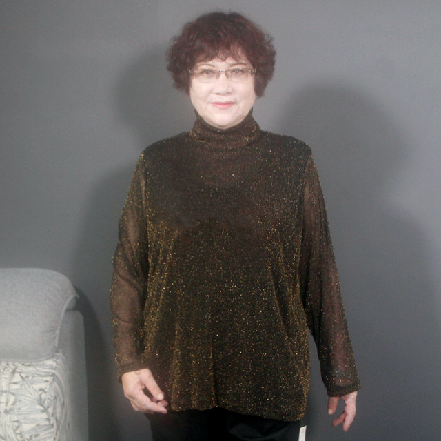 Middle-aged spring and autumn long-sleeved women's bottoming shirt extra large size 200Jin [Jin is equal to 0.5 kg] fat mother's high-neck wide wife bright silk mesh T-shirt