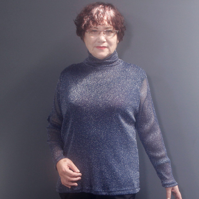 Middle-aged spring and autumn long-sleeved women's bottoming shirt extra large size 200Jin [Jin is equal to 0.5 kg] fat mother's high-neck wide wife bright silk mesh T-shirt