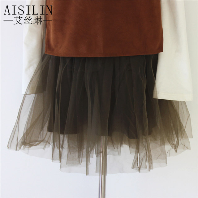 Spring new commuter solid color versatile high waist pleated skirt mesh autumn and winter princess puffy skirt short skirt for women
