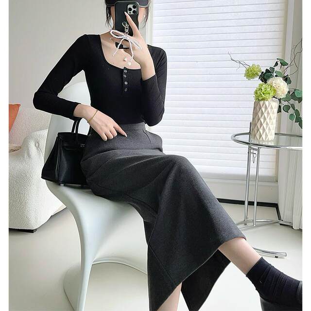 Woolen skirt 2024 autumn and winter new pocket rear slit straight skirt to make you look slim in one step midi skirt for women gray black