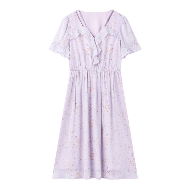 Qiushui Yiren Fashionable and versatile short-sleeved dress 2025 summer new women's French V-neck floral midi skirt