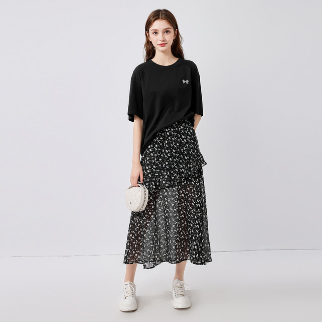 Qiushui Yiren temperament floral chiffon long skirt 2025 summer new women's high waist slit loose a-line skirt