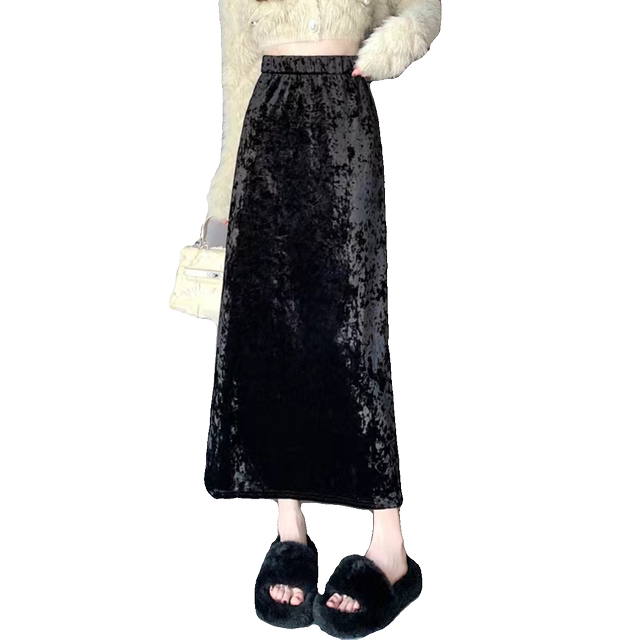 Gold velvet skirt for women, autumn and winter thickened velvet, retro slim hip skirt, mid-length back slit one-step skirt