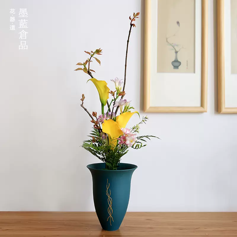 花瓶花盆池坊花器手工陶瓷磨砂绿色黑色生花立花自由花花道茶室