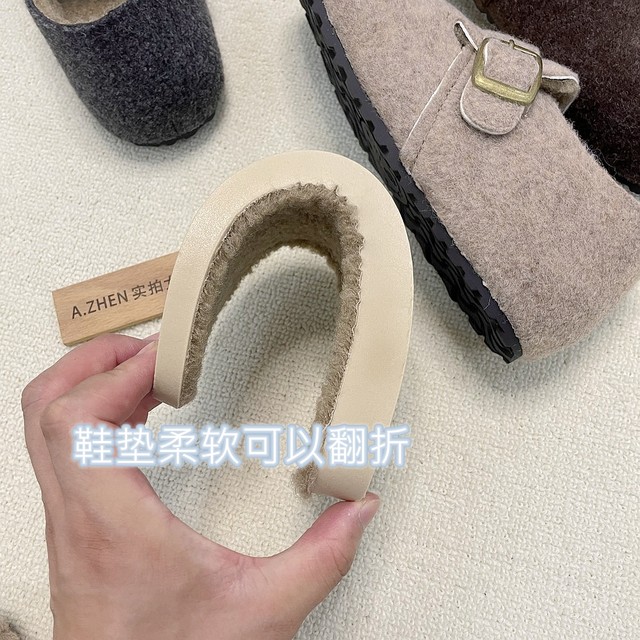Wool felt Birkenstock shoes for women to increase their height, plus velvet, lazy soft soles, tendon soles, non-slip cotton shoes, lamb wool and cotton commuting