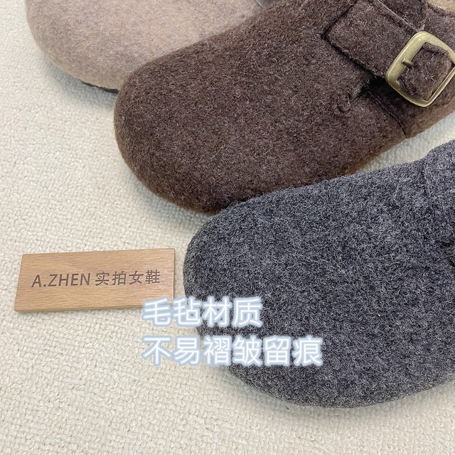 Wool felt Birkenstock shoes for women to increase their height, plus velvet, lazy soft soles, tendon soles, non-slip cotton shoes, lamb wool and cotton commuting