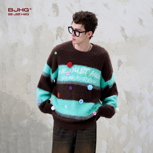 BJHG irresponsible New Year striped round neck sweater men's spring and autumn trendy American loose couple sweater women