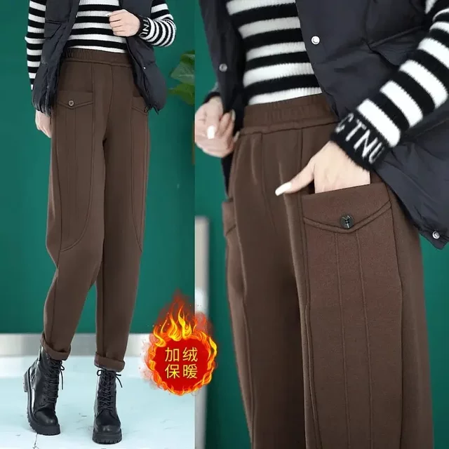 
Autumn and winter new style plus velvet high waist versatile loose slimming harem pants for women cold-proof and warm mom wear fashionable casual pants