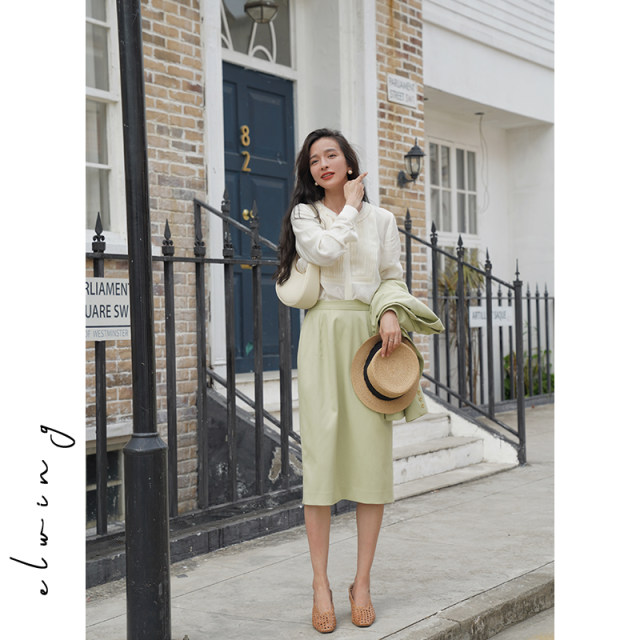 Elwing original fruit green long-sleeved suit high waist skirt suit women's 2025 autumn new casual two-piece set
