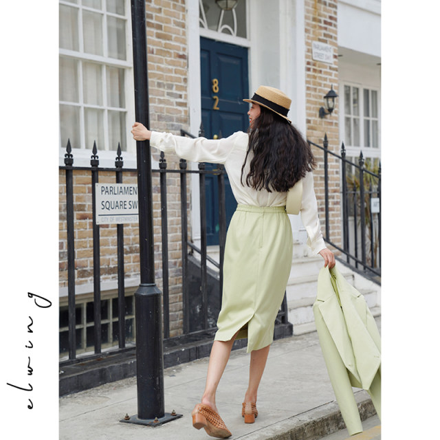 Elwing original fruit green long-sleeved suit high waist skirt suit women's 2025 autumn new casual two-piece set