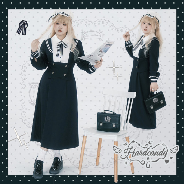 Hard candy plus size college style navy collar fake two piece lace dress