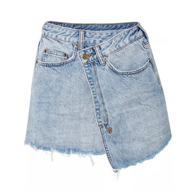 Spot KSUBI high waist light blue cotton asymmetrical breasted slim high legs long wrap mini denim skirt
