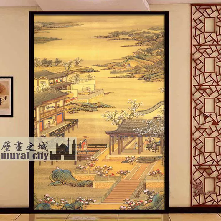 新中式山水庭院墙纸复古风明清宫廷画壁纸布古画十