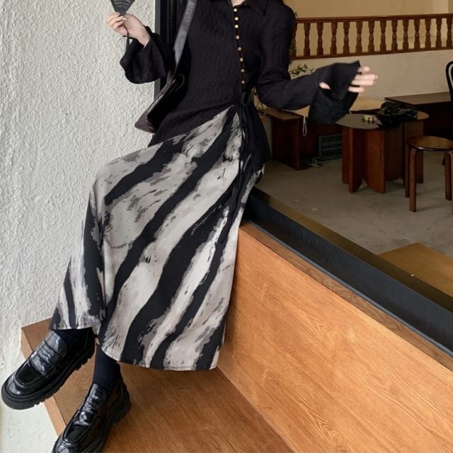 Large size ink printing A-line skirt for women in spring and summer long flesh-covering and slimming skirt for retro chiffon long skirt