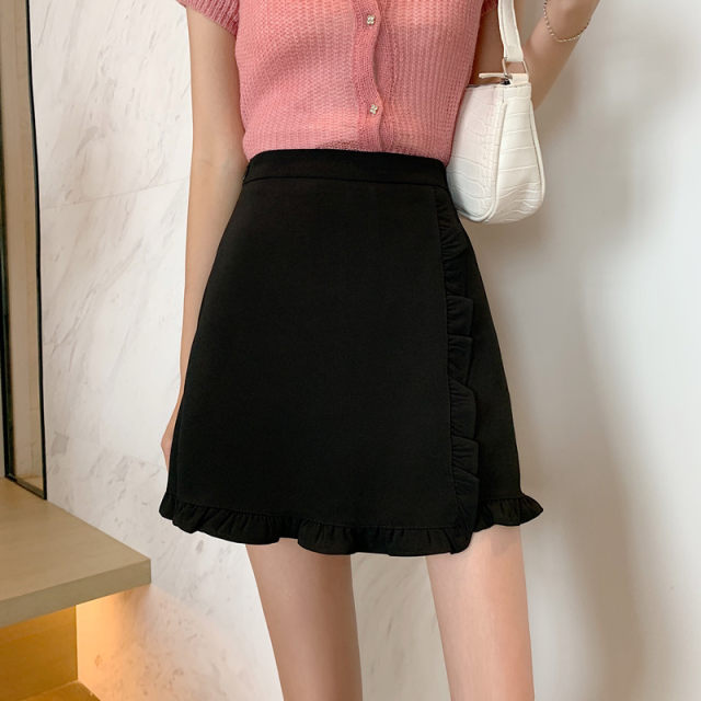 Black large size lotus edge A -line short skirt fat MM is thin high waist bag hip skirt summer new versatile skirt female female