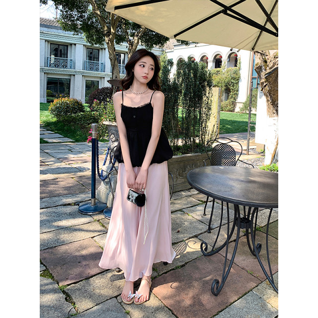 Island satin sparkling elastic waist skirt summer new style flowing sweet temperament drooping A-line long skirt