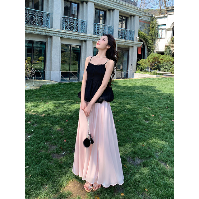 Island satin sparkling elastic waist skirt summer new style flowing sweet temperament drooping A-line long skirt