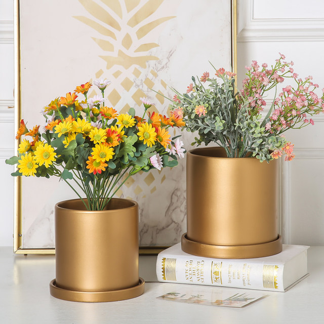 Straight matte gold silver cylindrical ceramic flower pot indoor and outdoor desktop flowers floor floral pot with tray