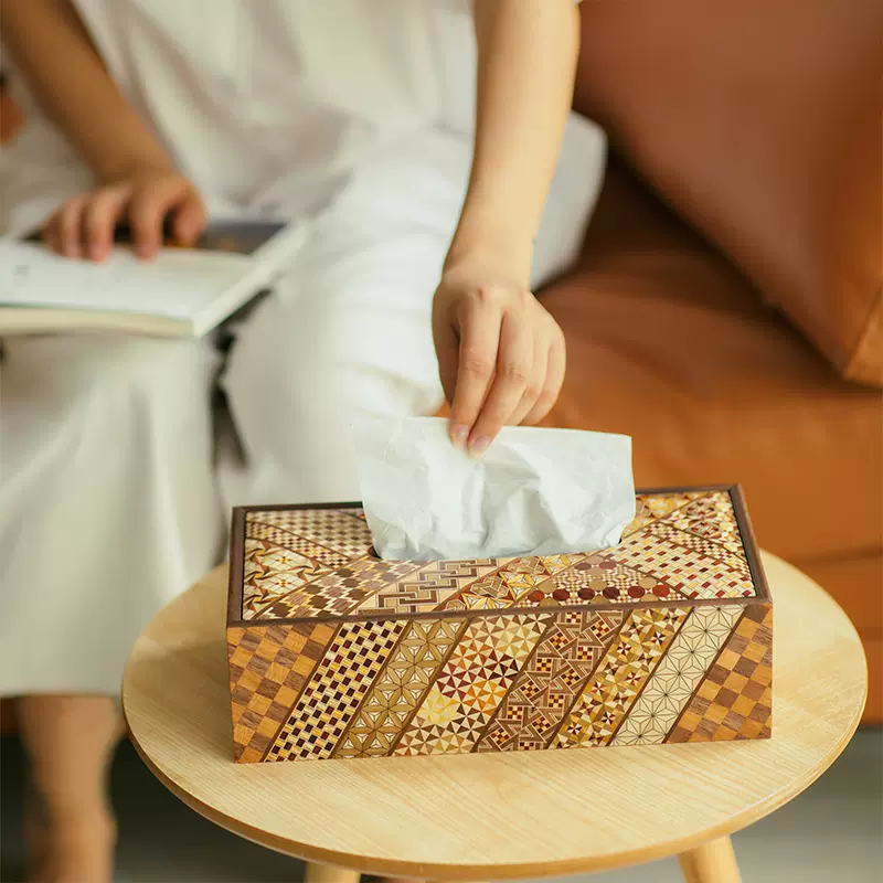 日本箱根寄木細工日式紙巾盒上蓋實木拼花手工復古衛生紙盒