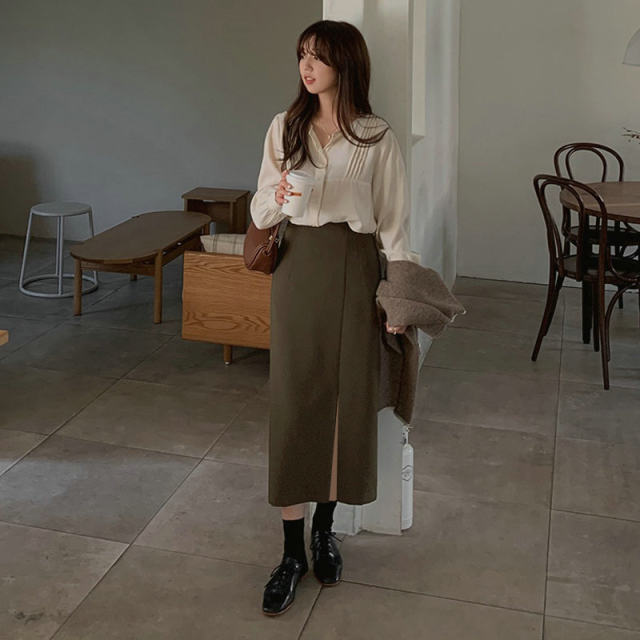 Spring and summer long skirt A-shaped high waist commuter chocolate brown suit irregular front slit skirt straight zipper
