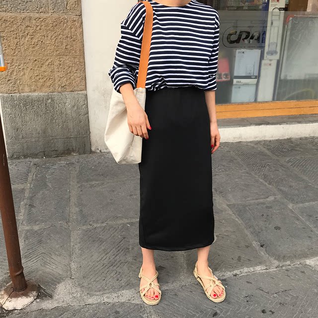 Spring and summer Roman cotton straight pencil slim high waist elastic mid-length skirt long skirt small black skirt large size